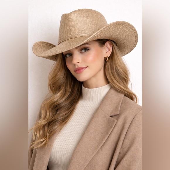 None Accessories - Glitter Gold Champagne Cowboy Hat – Croc-Embossed Western Style M New